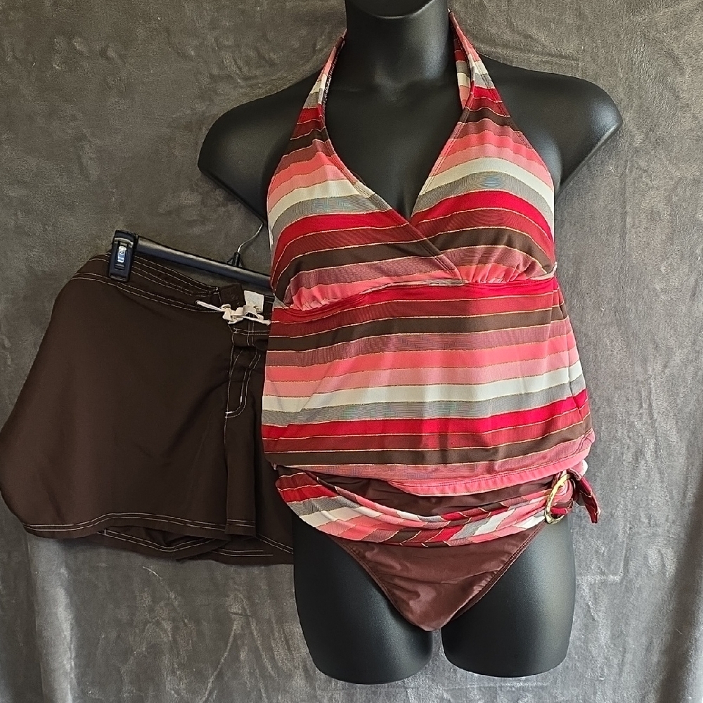 Striped Pink & Brown Halter Maternity Bikini Set